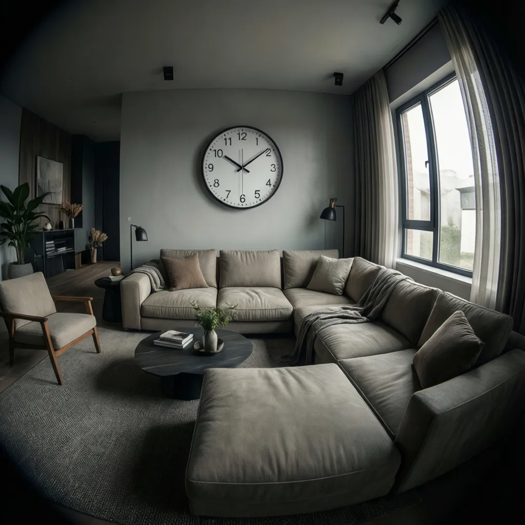 Interior layout showing sightline visibility toward a wall clock
