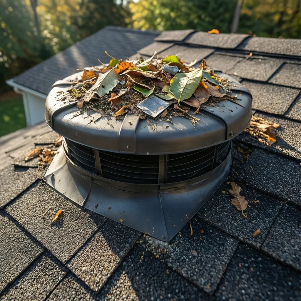 Roof vent cap clogged with leaves and debris