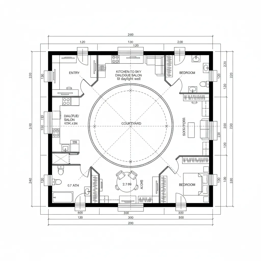 Top-down CAD plan with courtyard core and perimeter loop circulation