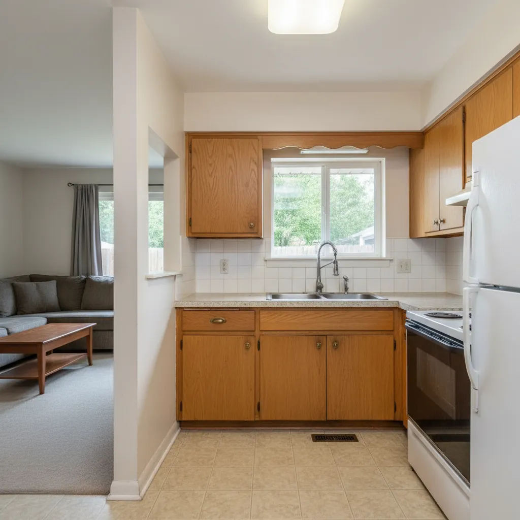 Closed kitchen layout before wall removal with doorway separating living room
