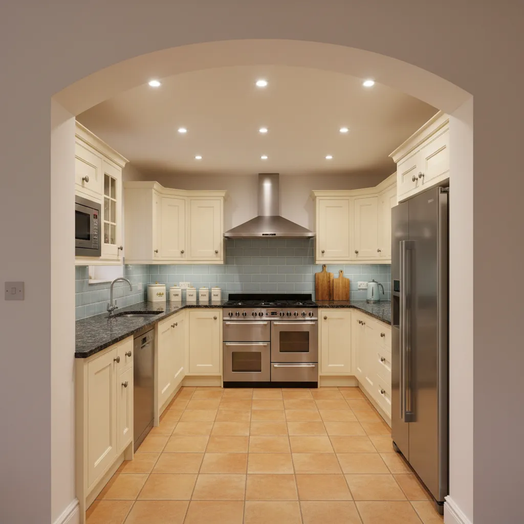 Traditional closed kitchen separated by walls with doorway entrance
