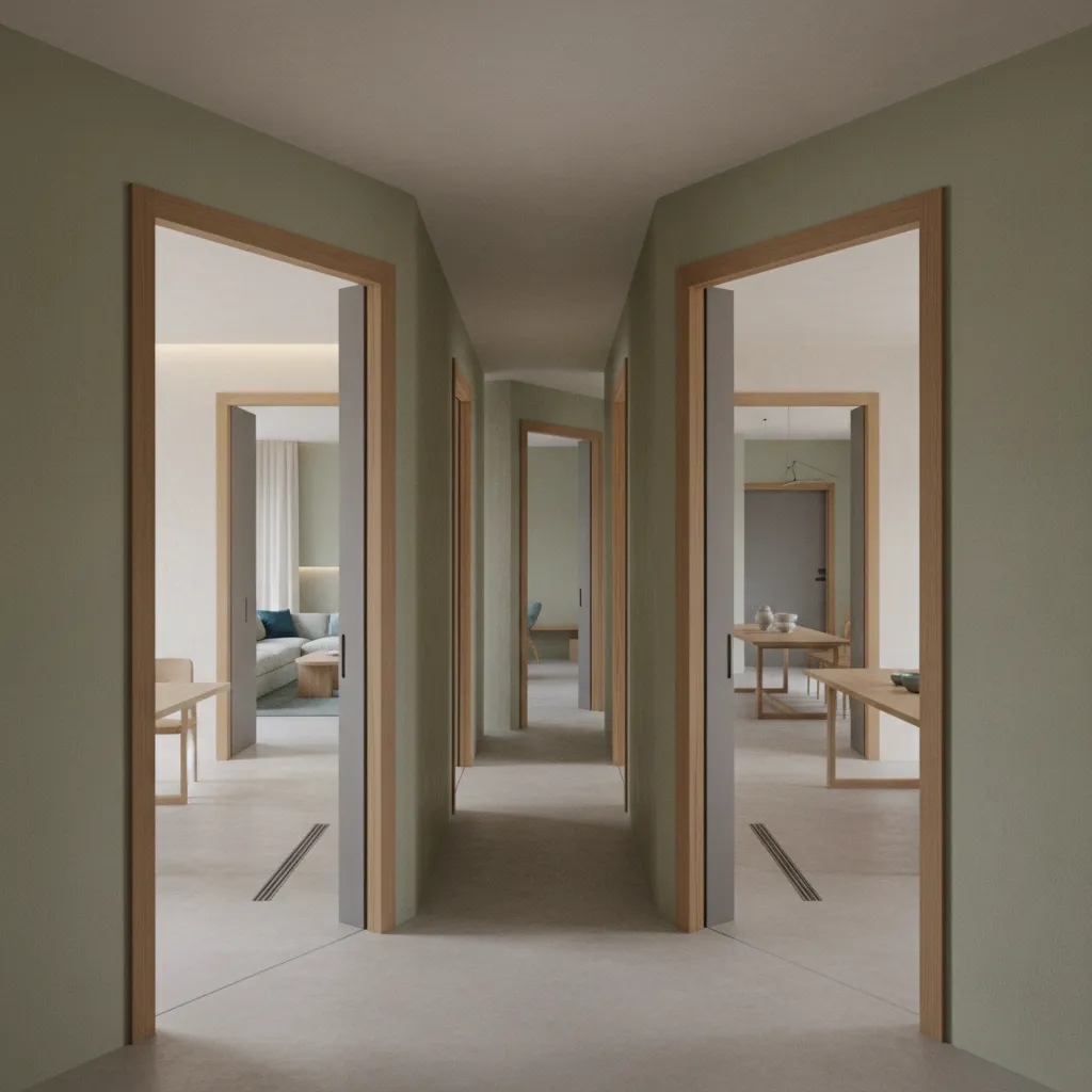 Interior design drawing showing a green hallway with several open doors leading to various bright rooms