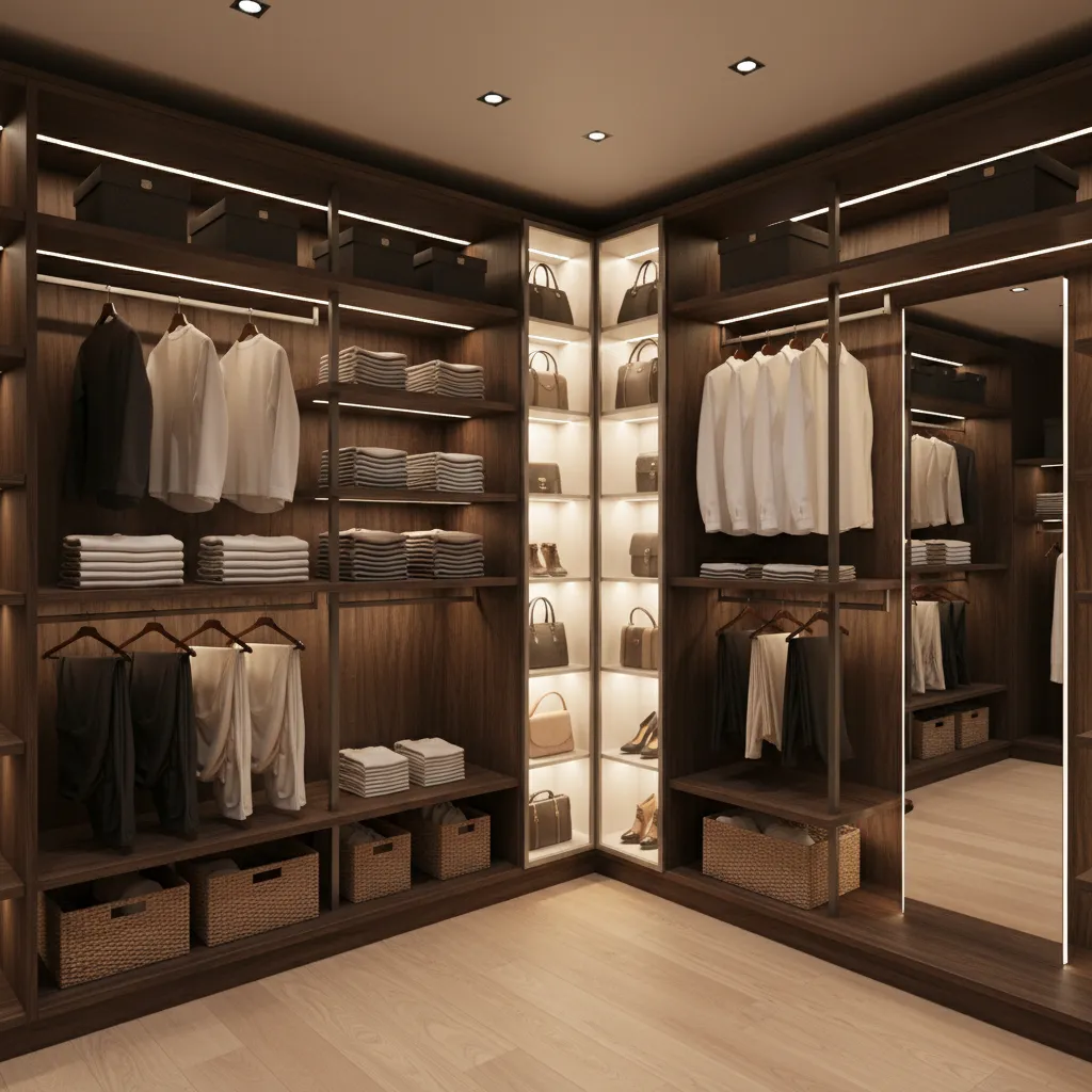 Well lit L shaped closet corner with LED shelf lighting