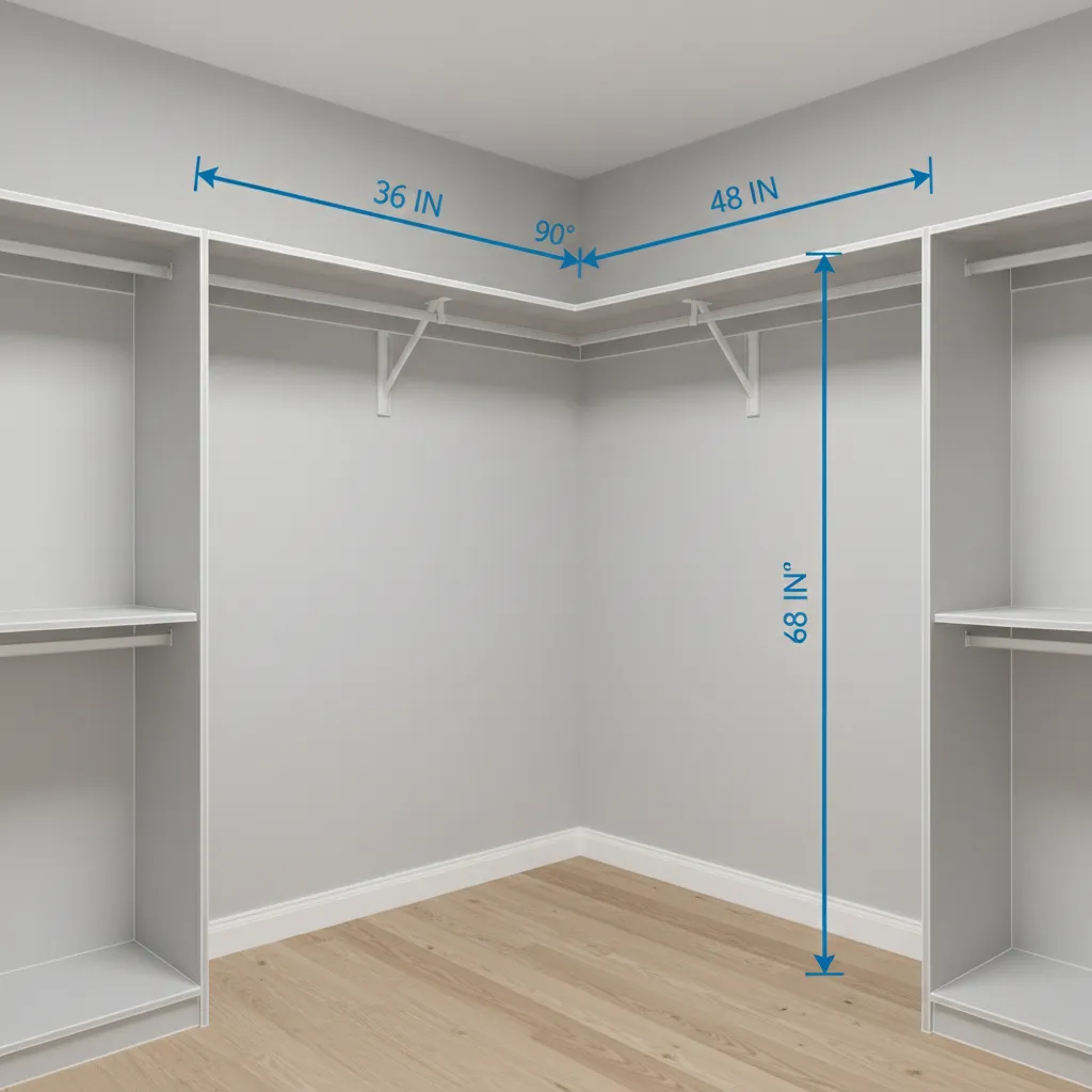 Corner closet measurement illustration showing wall lengths and corner angles