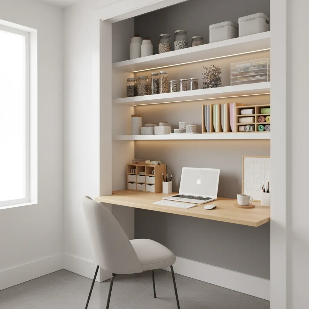closet converted into compact craft studio with fold desk and shelves