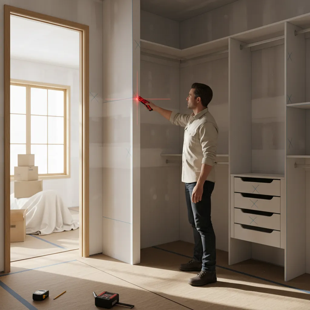 designer measuring an L shaped closet corner for custom installation