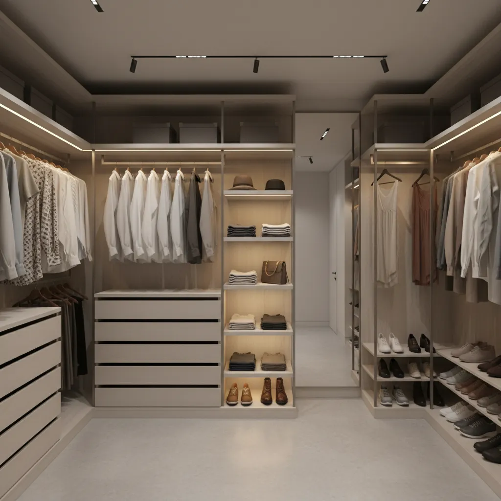 Modern walk in closet with light wood shelves hanging shirts drawers shoes mirror and lights