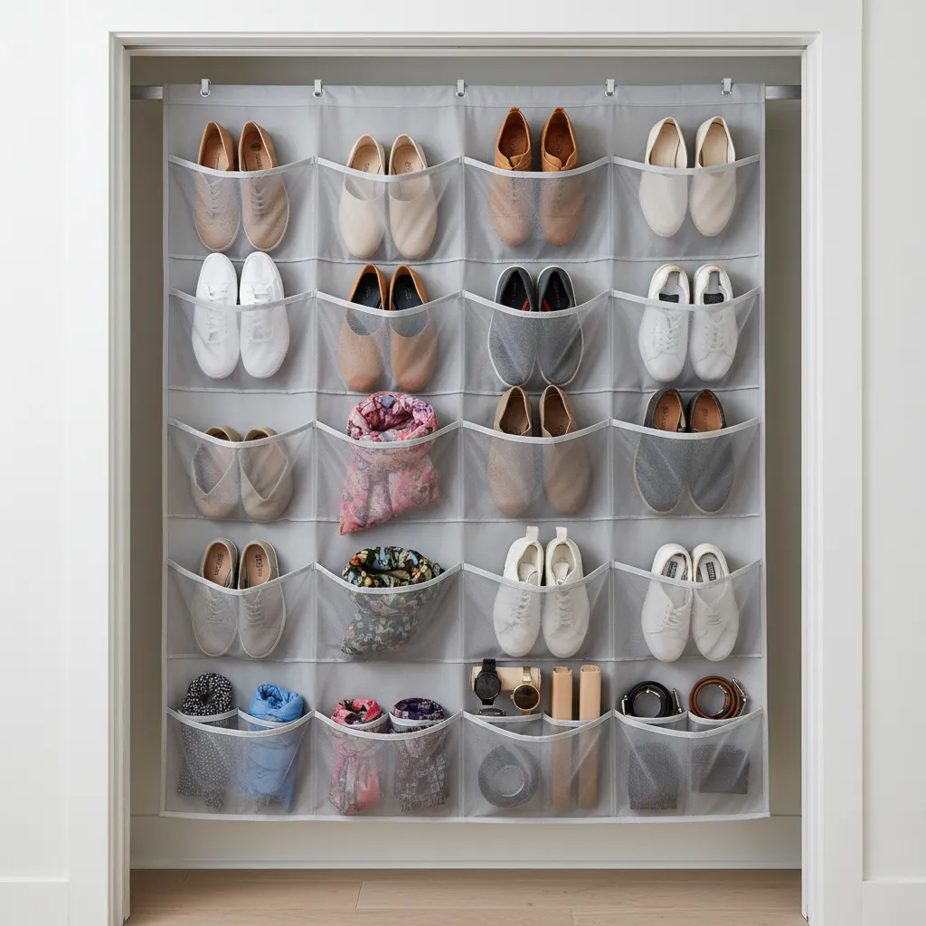 Closet door organizer with shoes and accessories