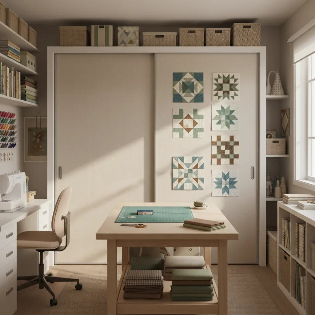 Closet door used as quilt design wall with quilt blocks attached