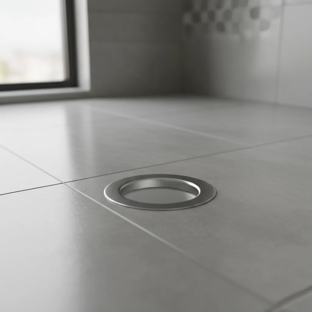 Bathroom floor drain with exposed closet flange before toilet installation