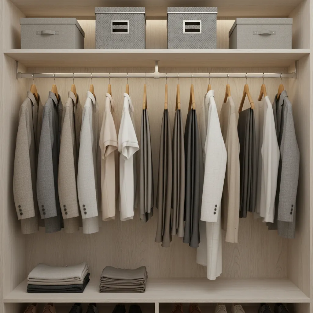 Closet hanging rod depth demonstration with clothing clearance