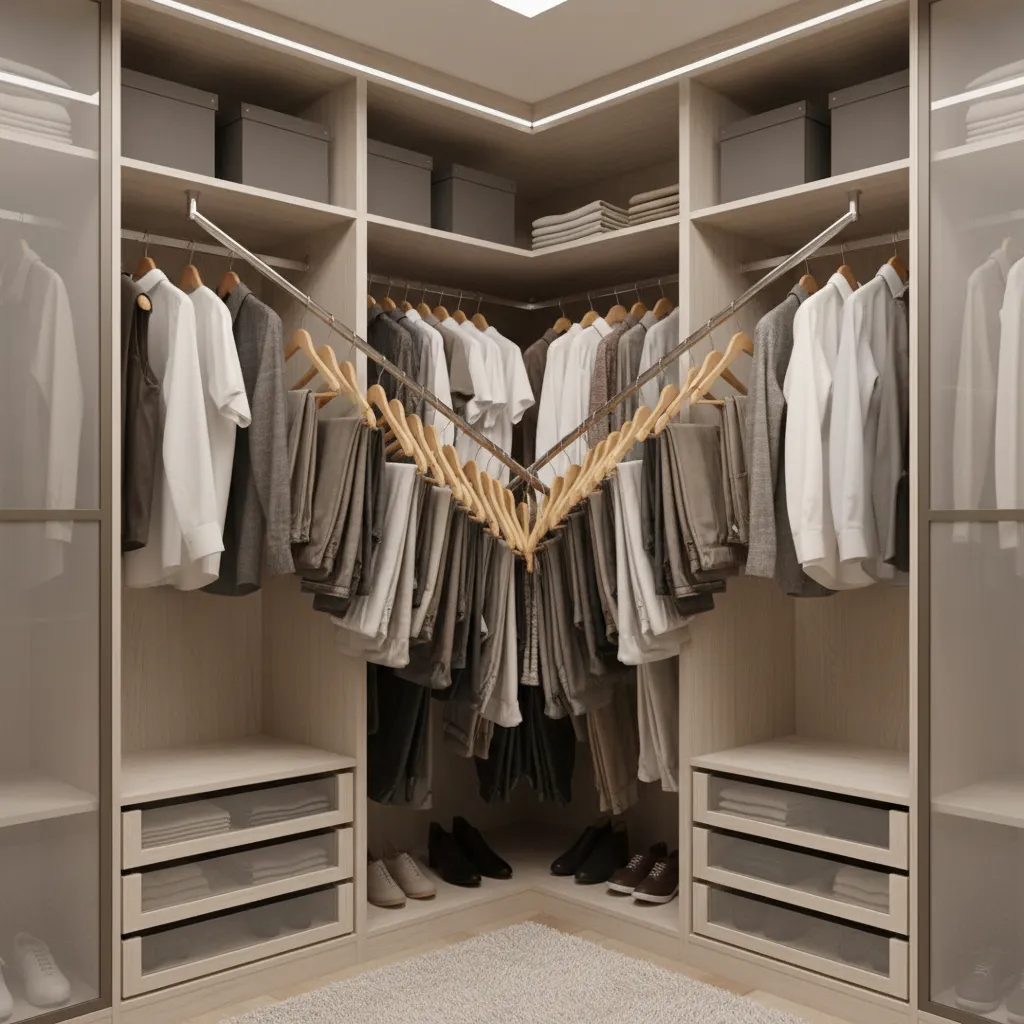 Closet hanging rods incorrectly placed into corner of L shaped closet
