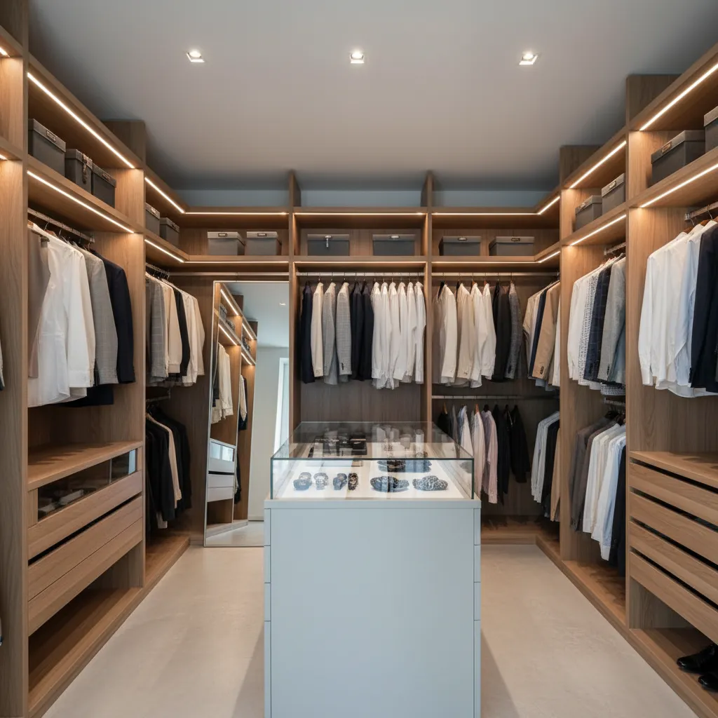 Modern big closet with built in lights, hanging shirts, and a white center island cabinet.
