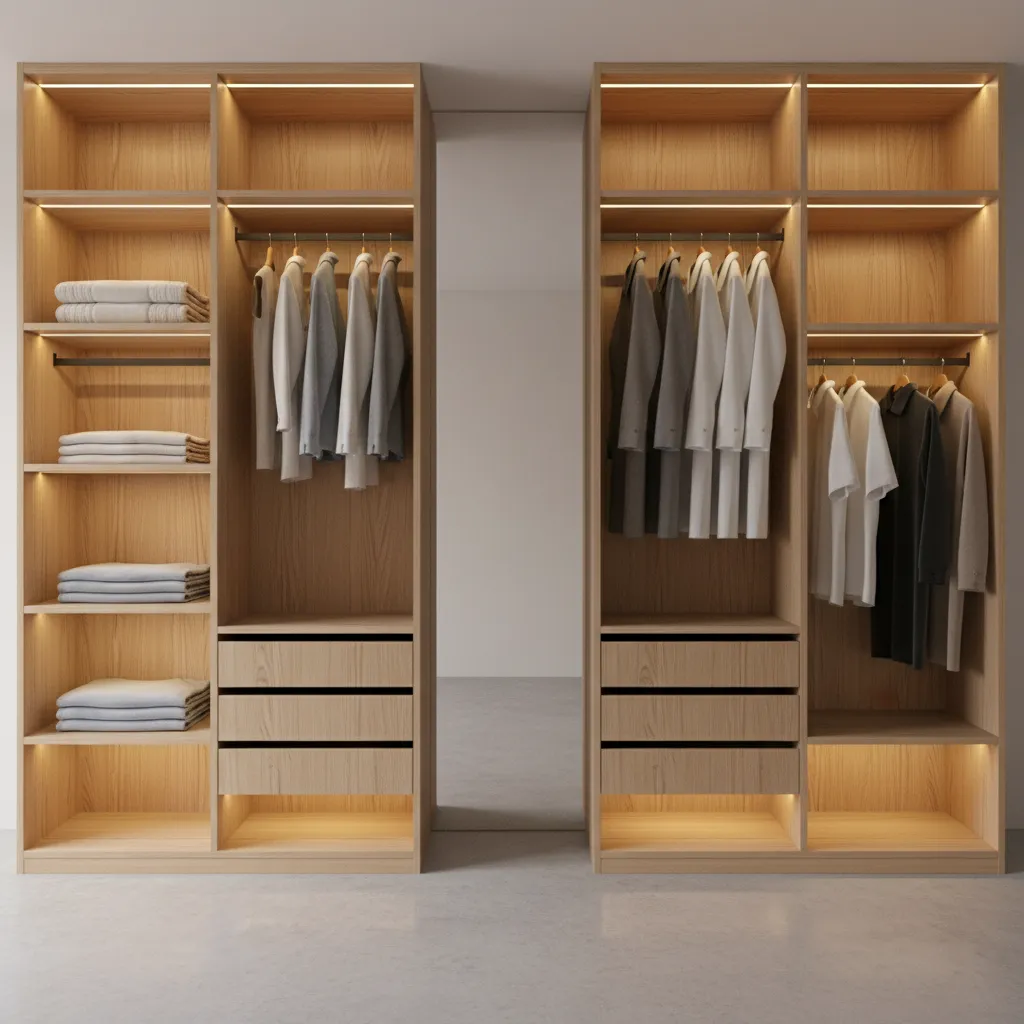 LED strip lighting illuminating shelves in a modern closet interior
