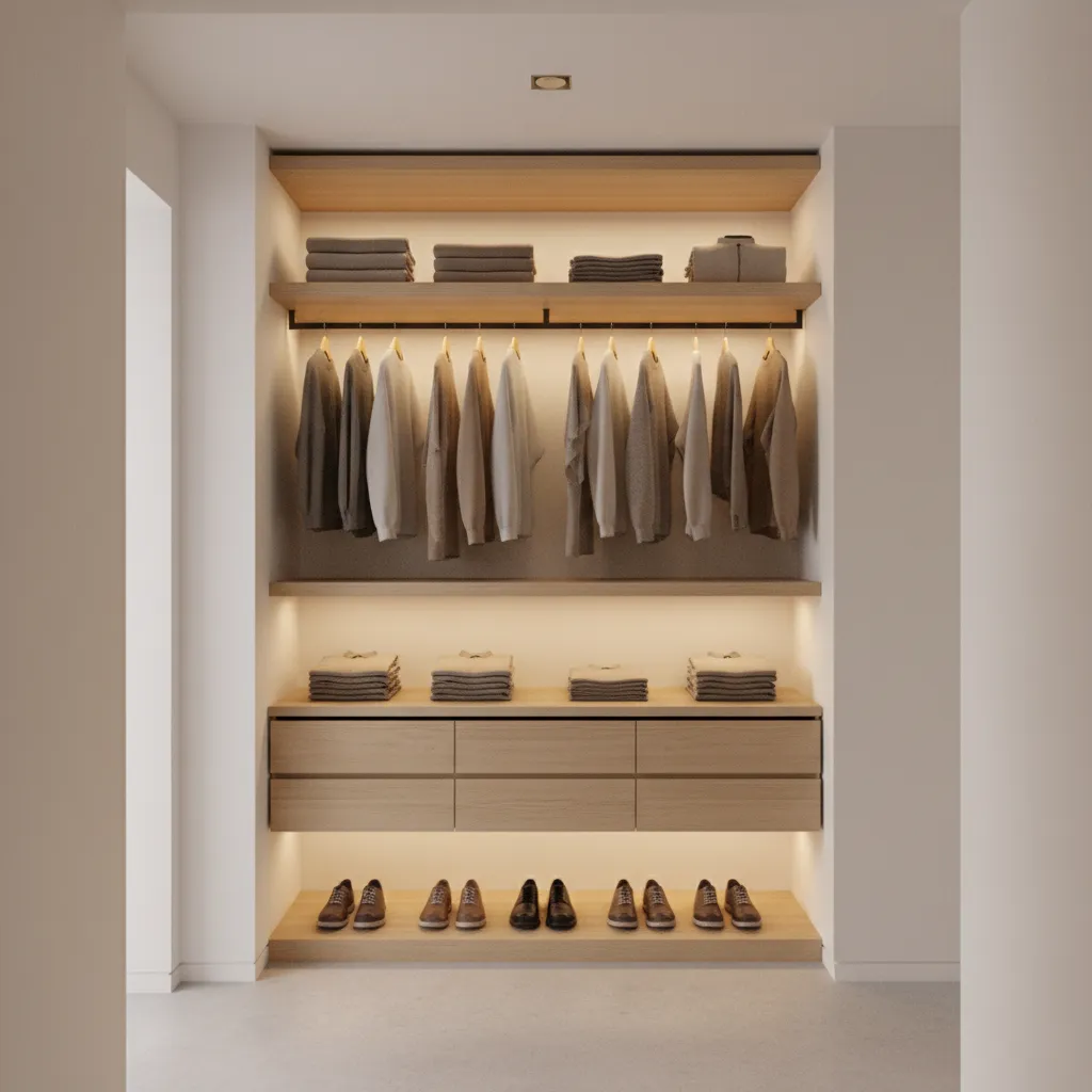 small closet with LED strip lighting improving visibility