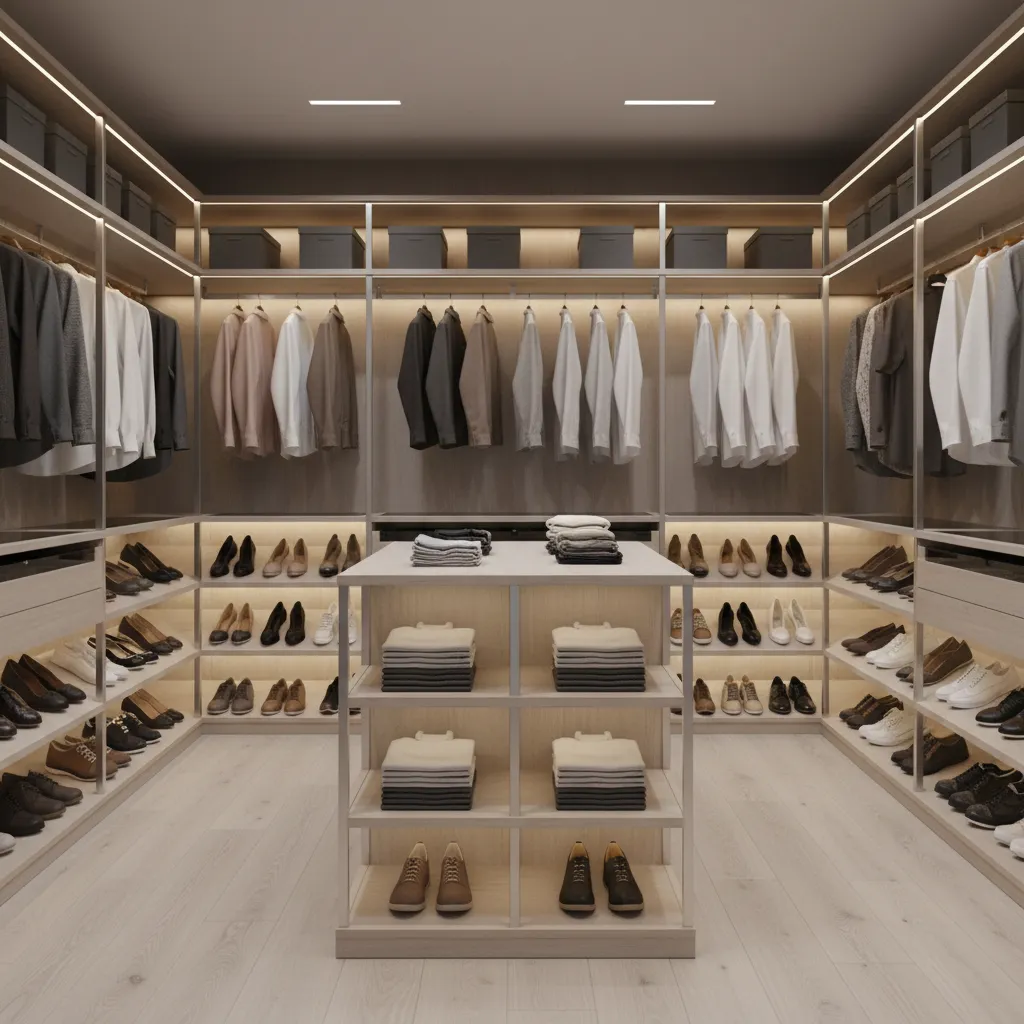 Walk in closet with modular shelving folded clothes drawers and hanging rods