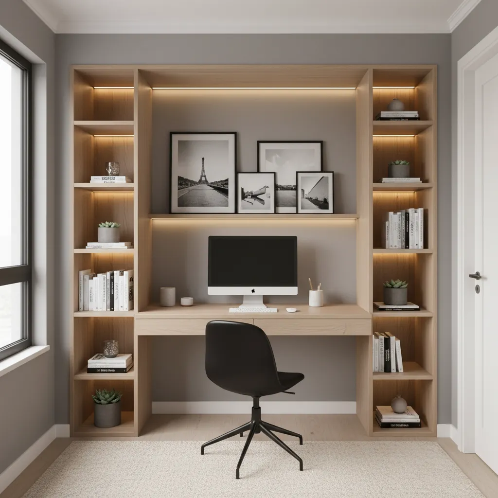 converted closet workspace with floating desk shelves and lighting
