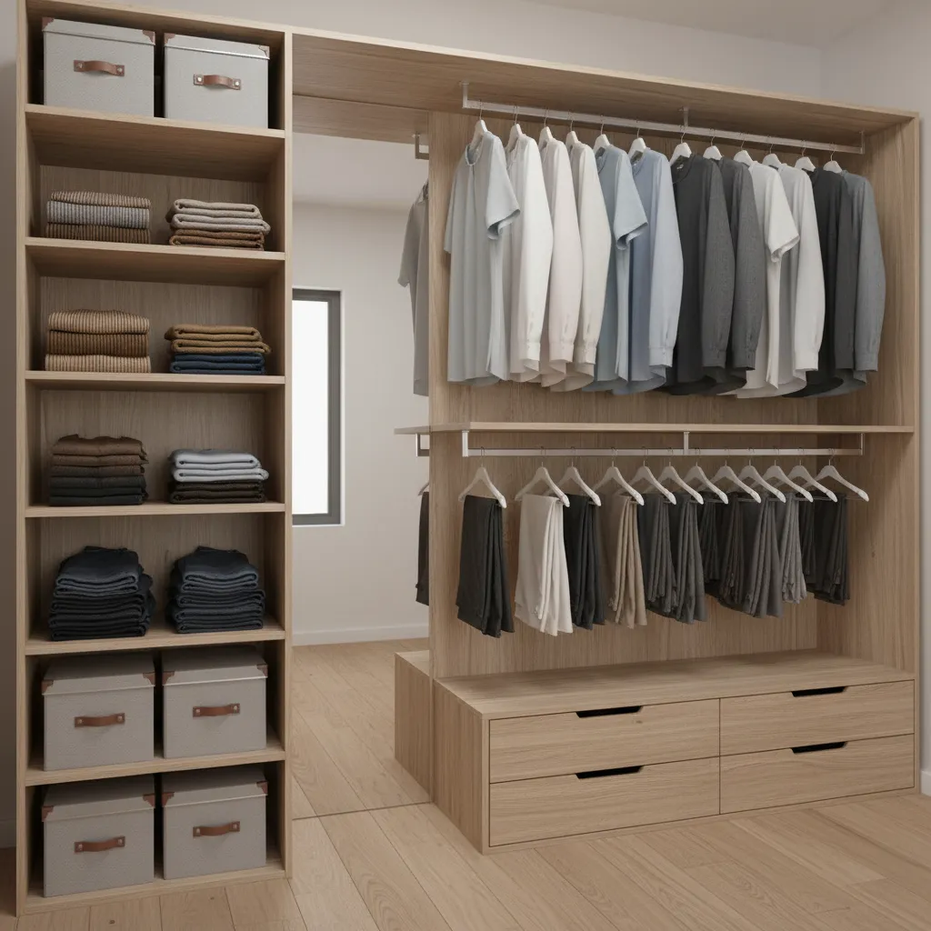 narrow shelving column inside small closet for folded clothes