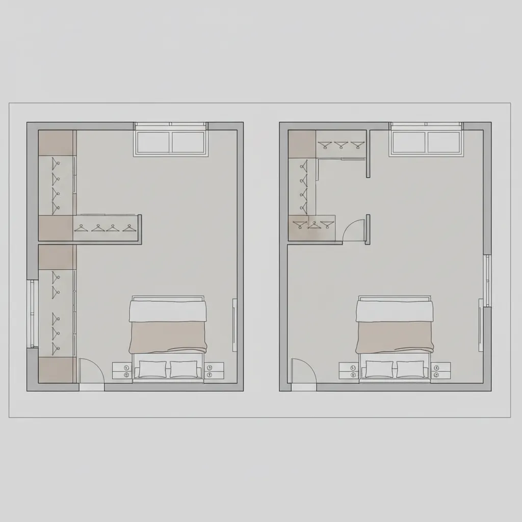 Diagram style comparison of storage capacity between L shaped closet and walk in closet
