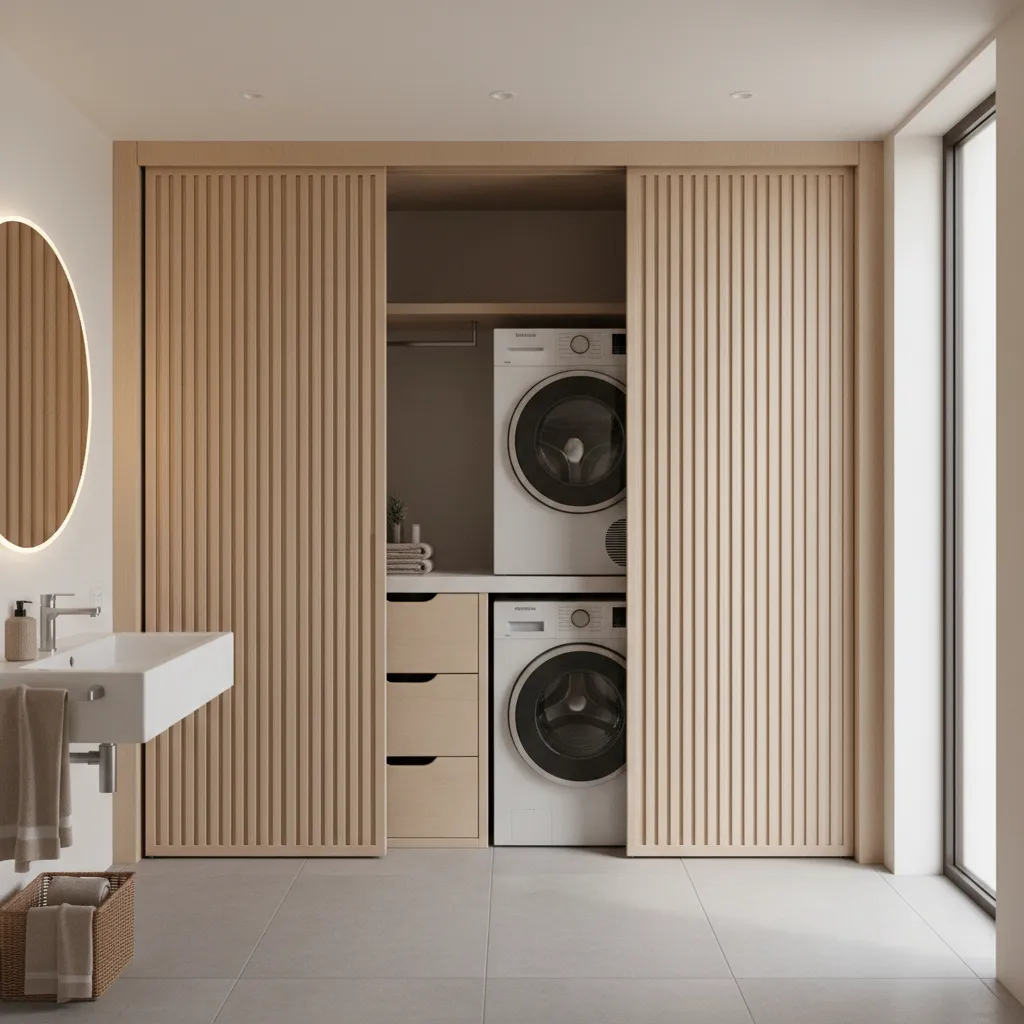 washer dryer hidden inside bathroom closet with sliding doors