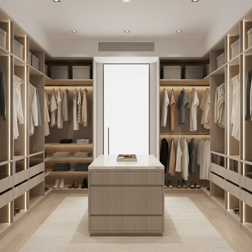 Modern walk in closet with ventilation grille and airflow concept for humidity control