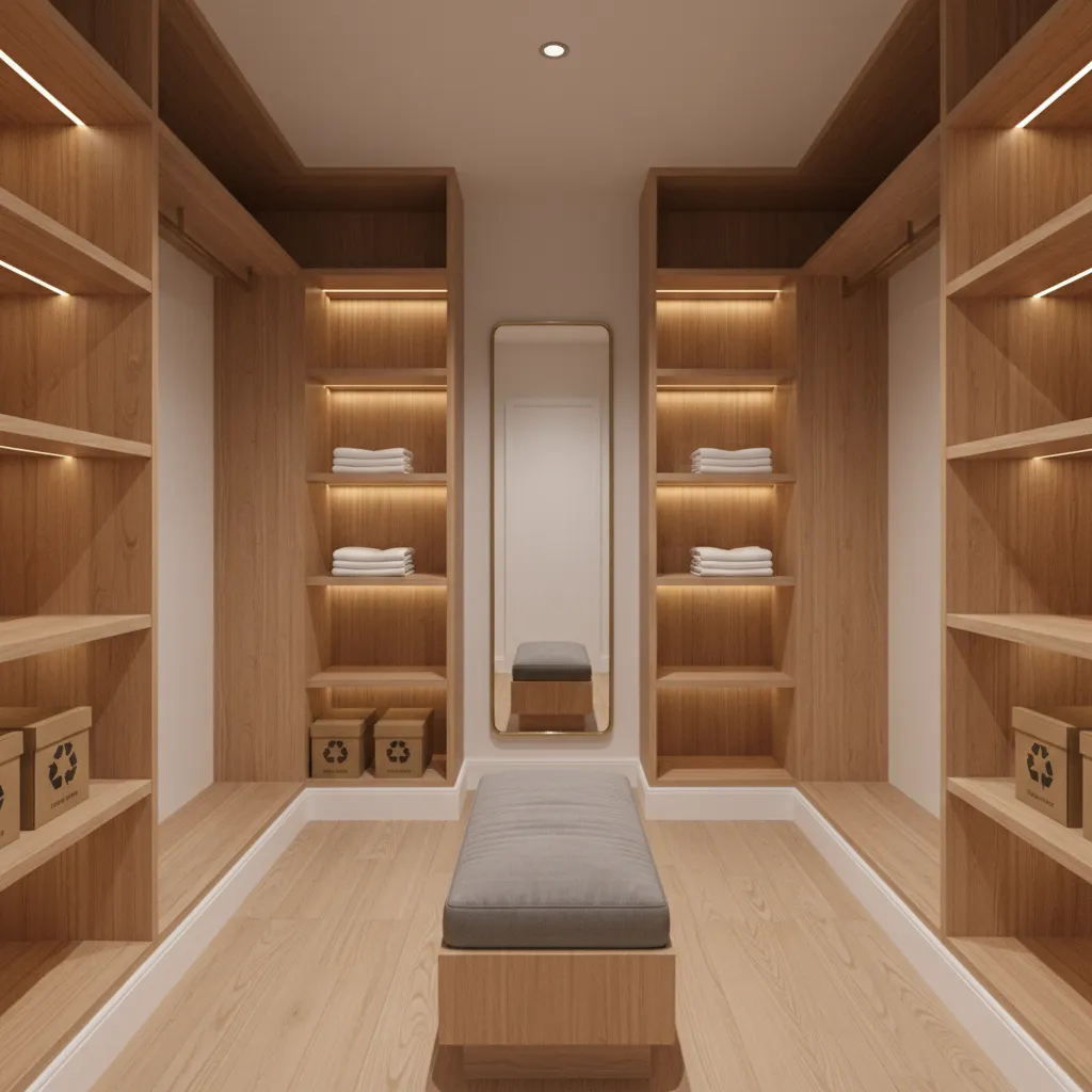 Small walk-in closet with baseboards installed along short wall sections