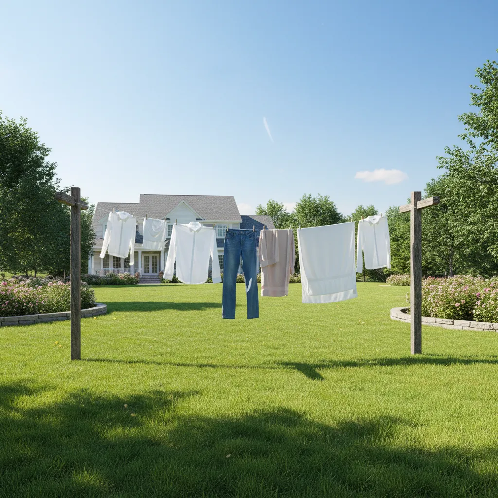 Clothesline positioned in open yard receiving sun and wind
