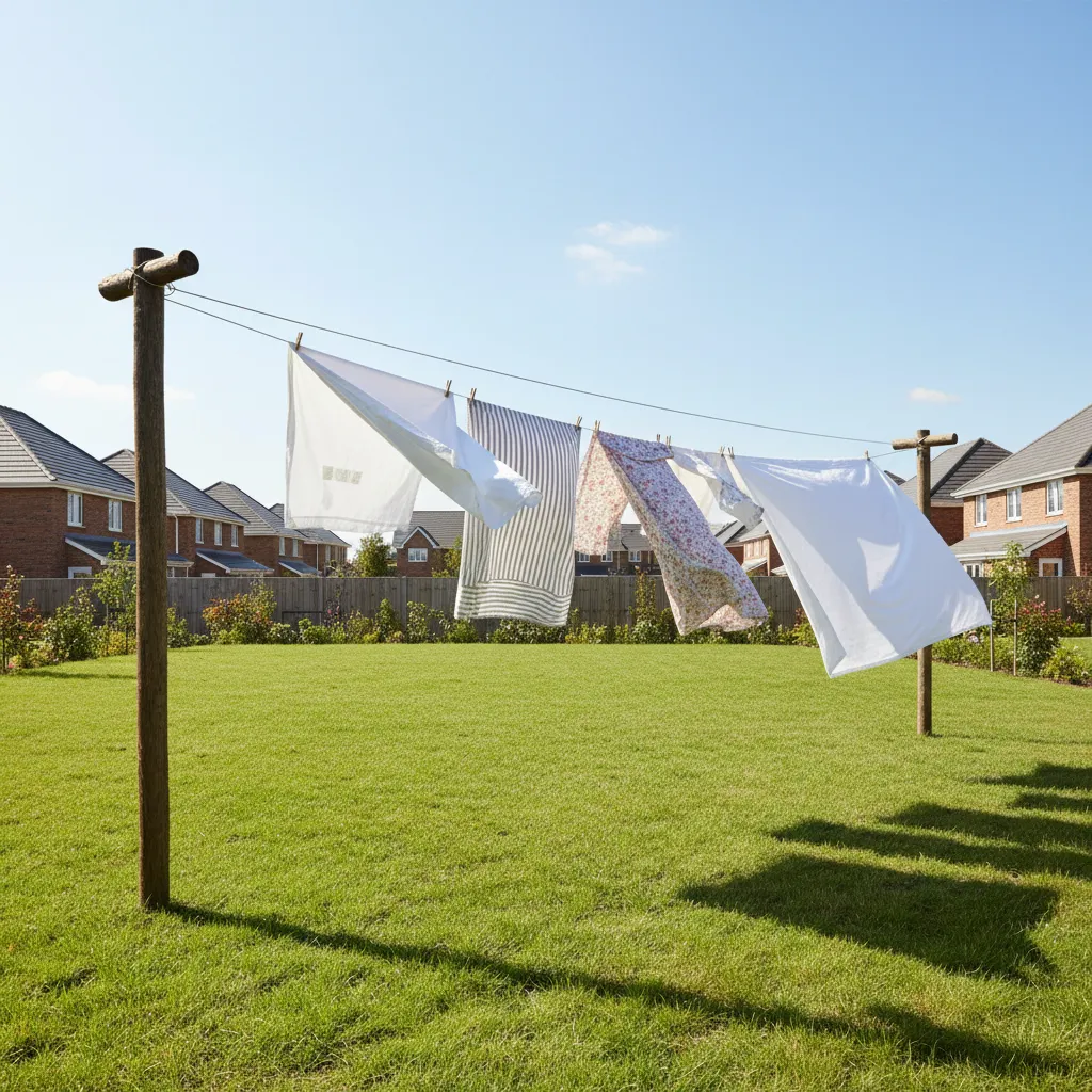 Outdoor clothesline positioned perpendicular to wind with laundry blowing