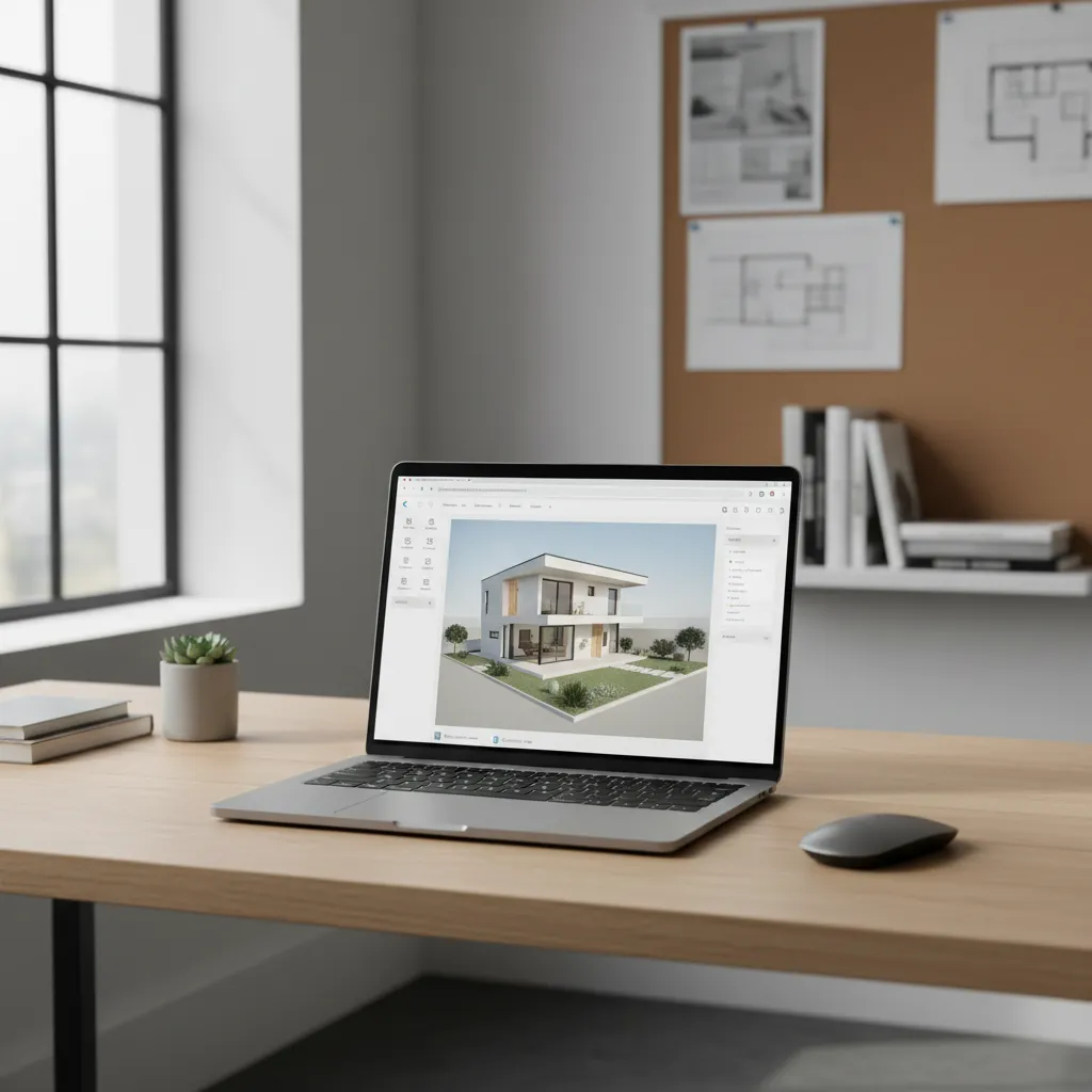 laptop displaying browser-based cloud floor planner with 3D house layout