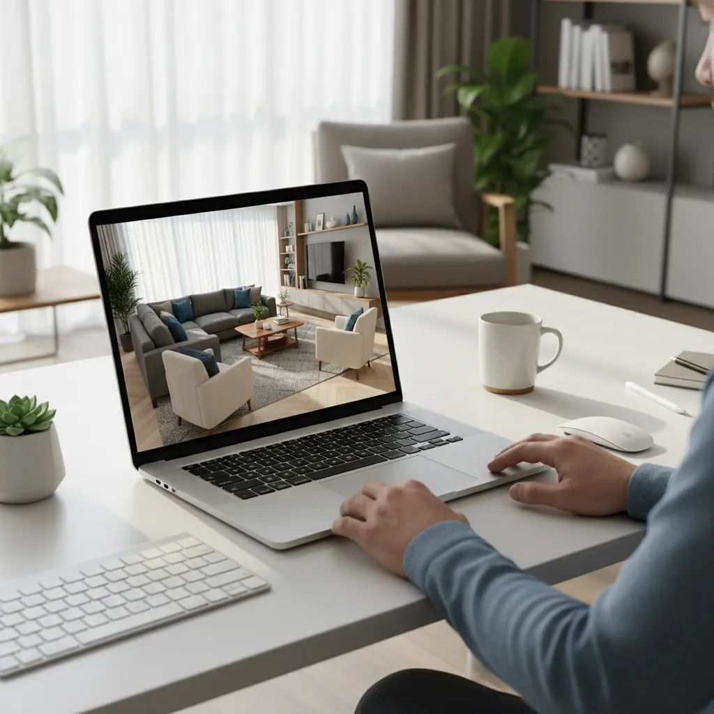 Designer working with cloud based home design software showing 3D interior preview