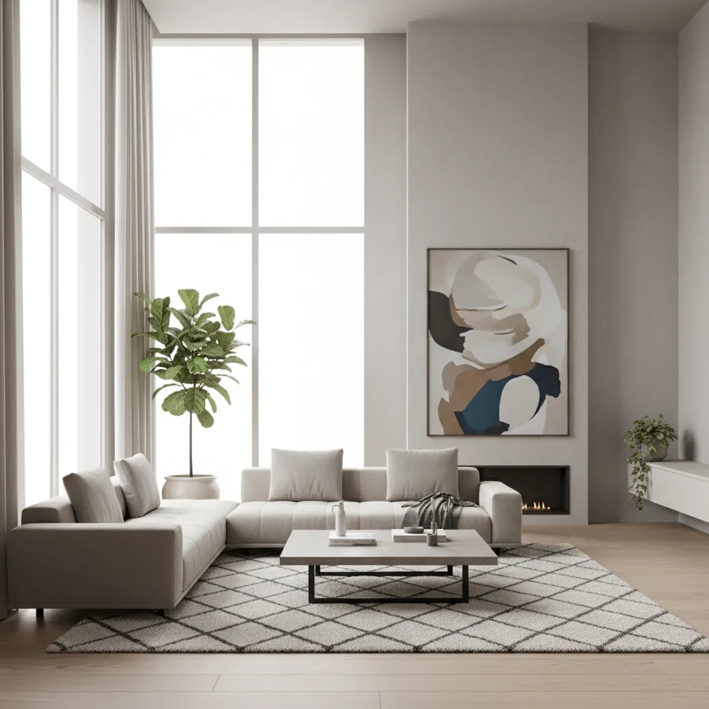 Photorealistic cloud rendered living room interior with natural lighting