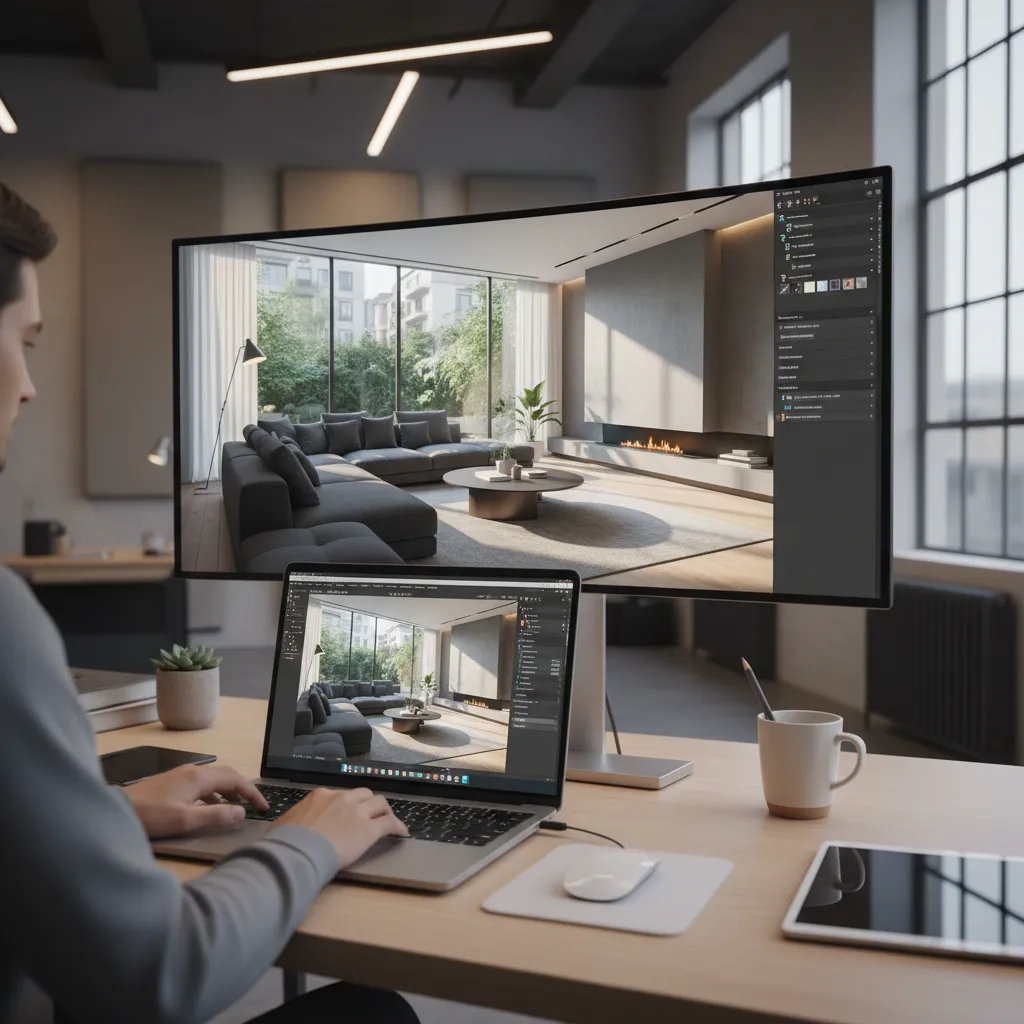 interior designer working with cloud rendering software on a modern workspace