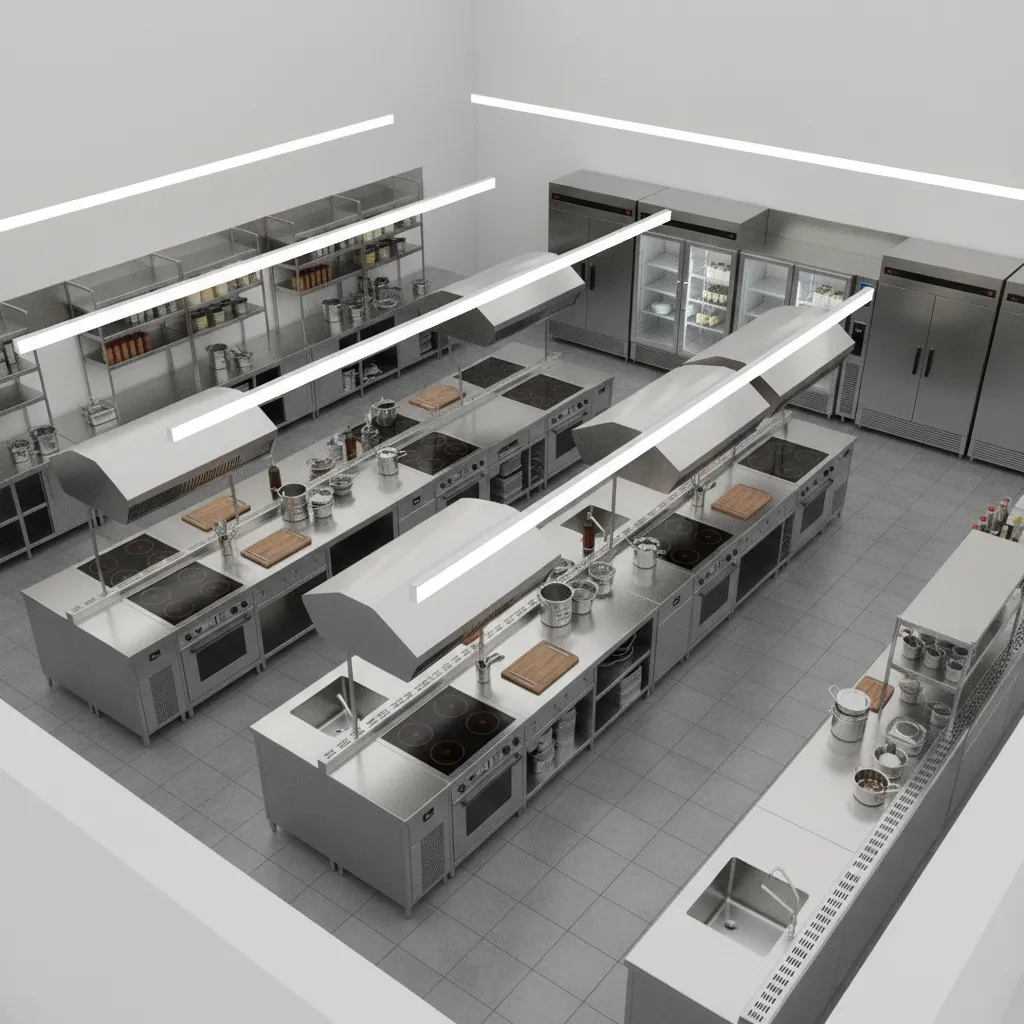 3D visualization of a cloud kitchen layout with cooking and prep zones