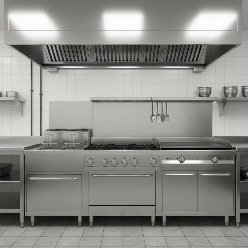 Commercial cooking equipment line including fryer, stove, and ventilation hood