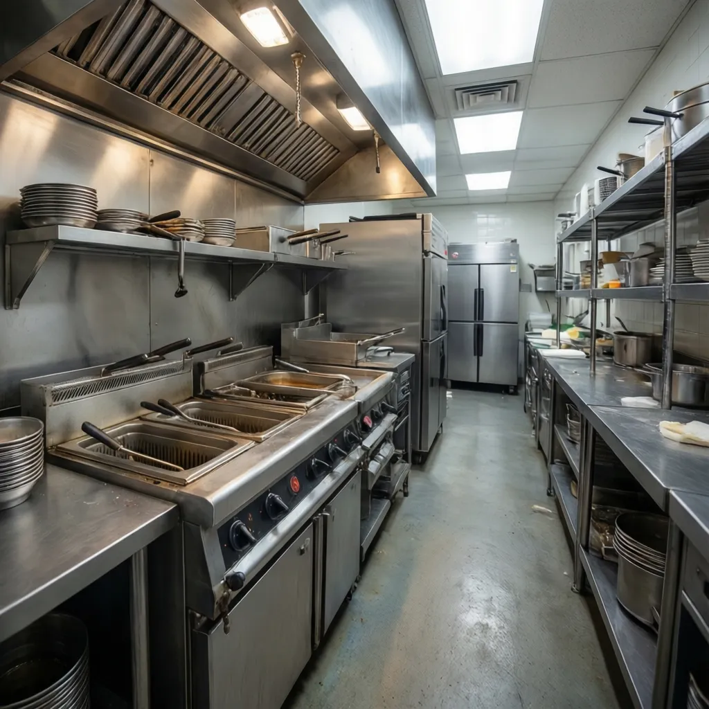 Commercial kitchen equipment setup including fryer range prep counter and refrigeration