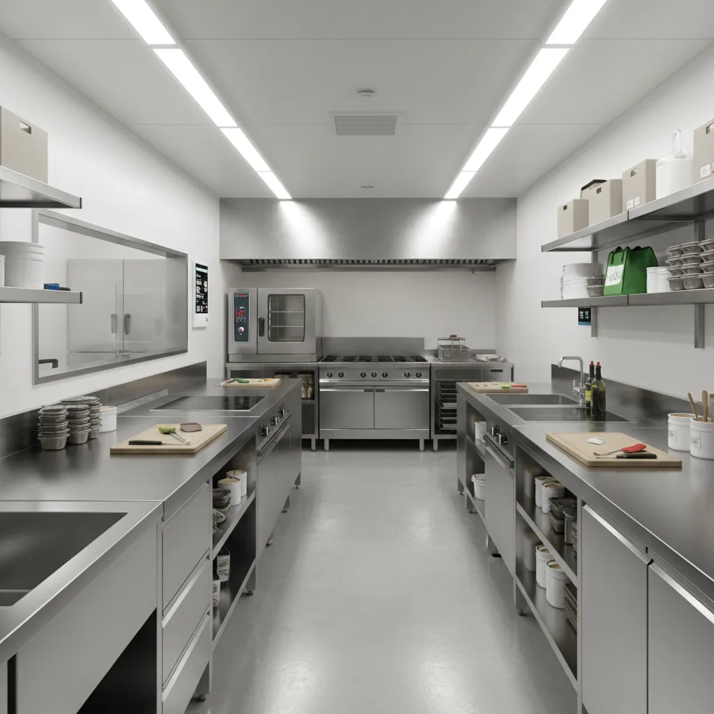 Compact cloud kitchen interior with stainless workstations and cooking line