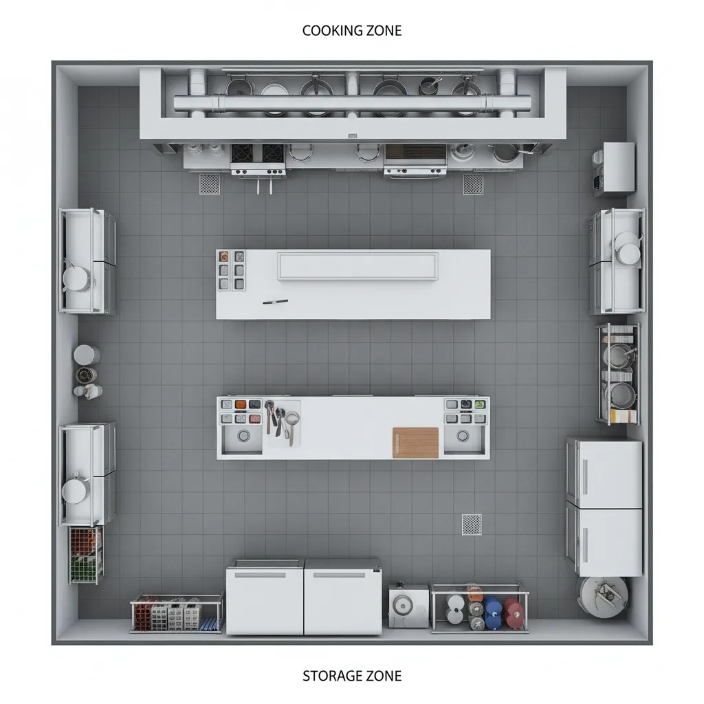 Cloud kitchen floor layout showing cooking, prep, and storage zones