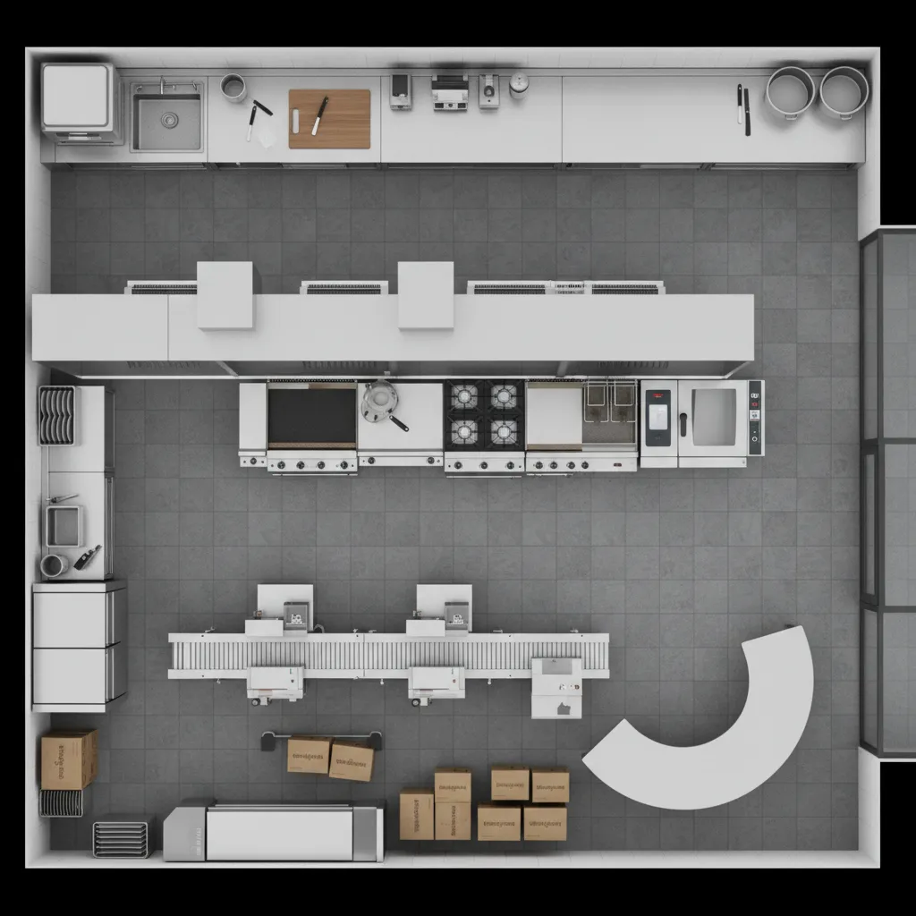 commercial kitchen layout with prep cooking and packaging zones