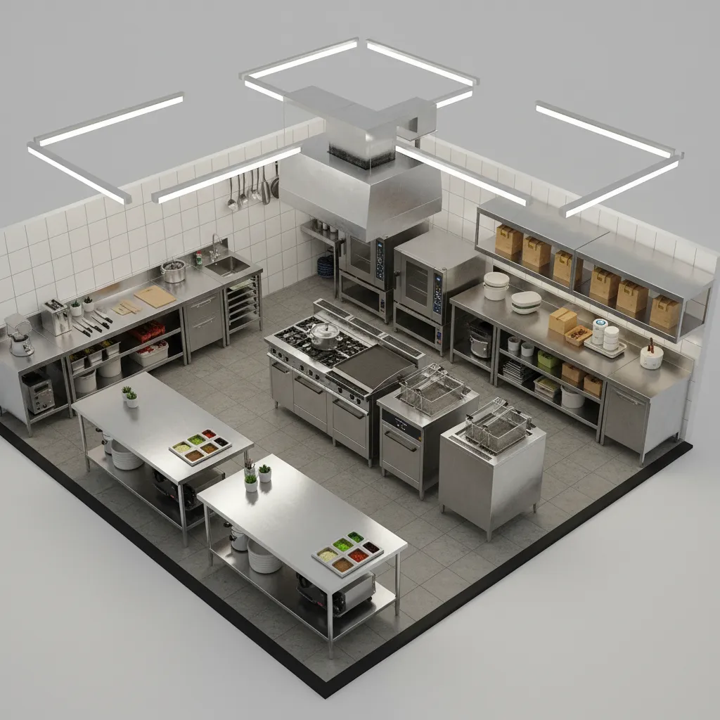 Efficient cloud kitchen layout showing prep, cooking and packaging zones