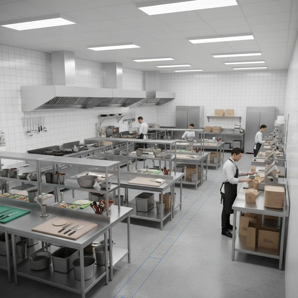 cloud kitchen workflow layout with prep cooking and packaging zones