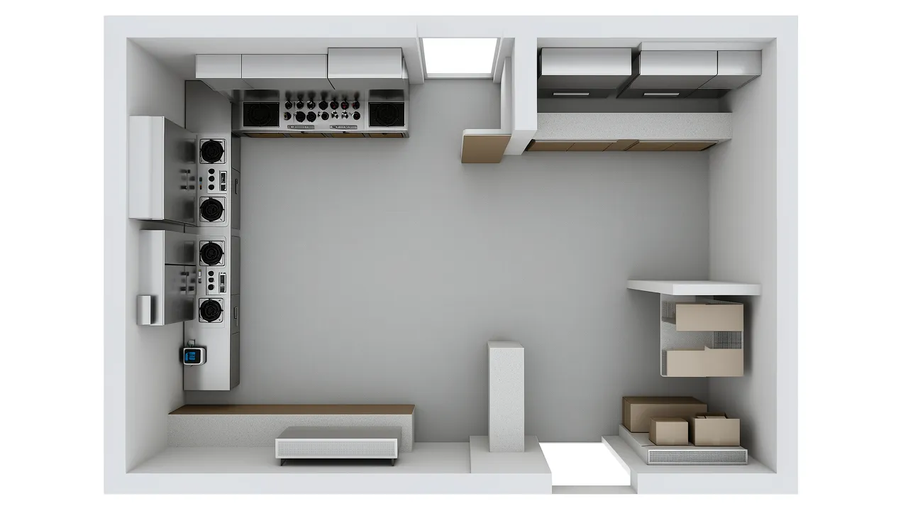Cloud kitchen workflow layout showing prep cooking packing and pickup zones