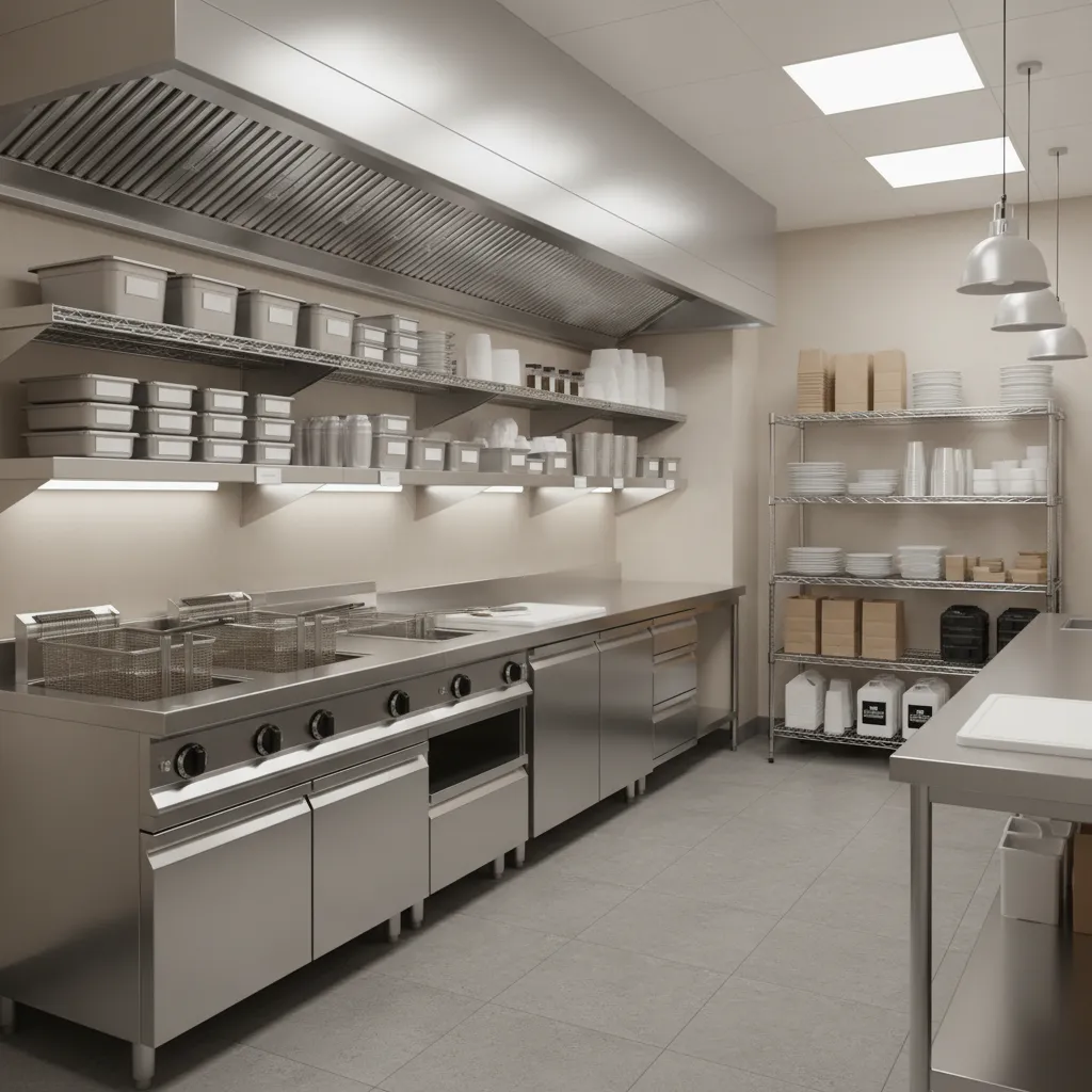 small cloud kitchen interior showing cooking line and prep area