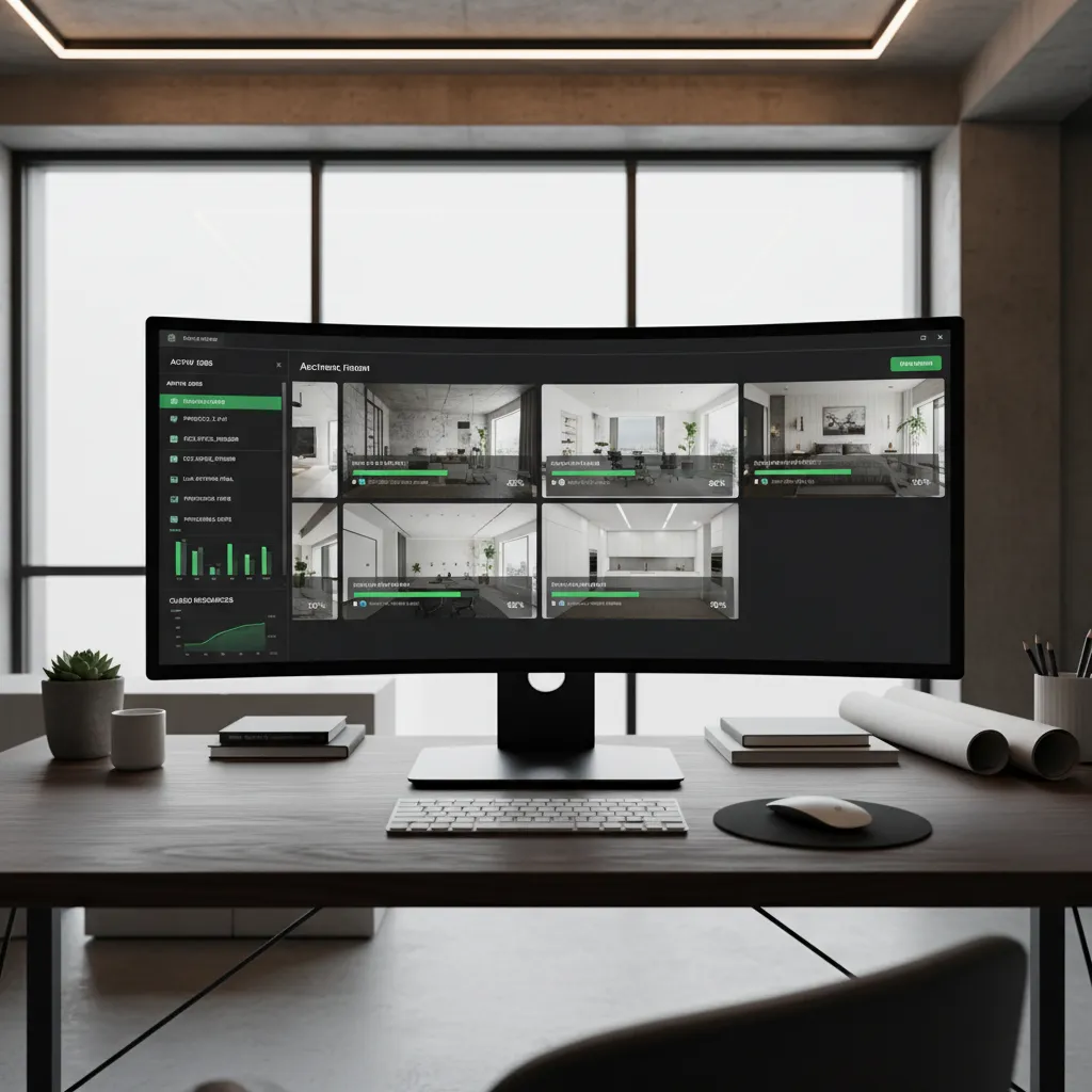 Cloud render farm dashboard processing multiple interior renders