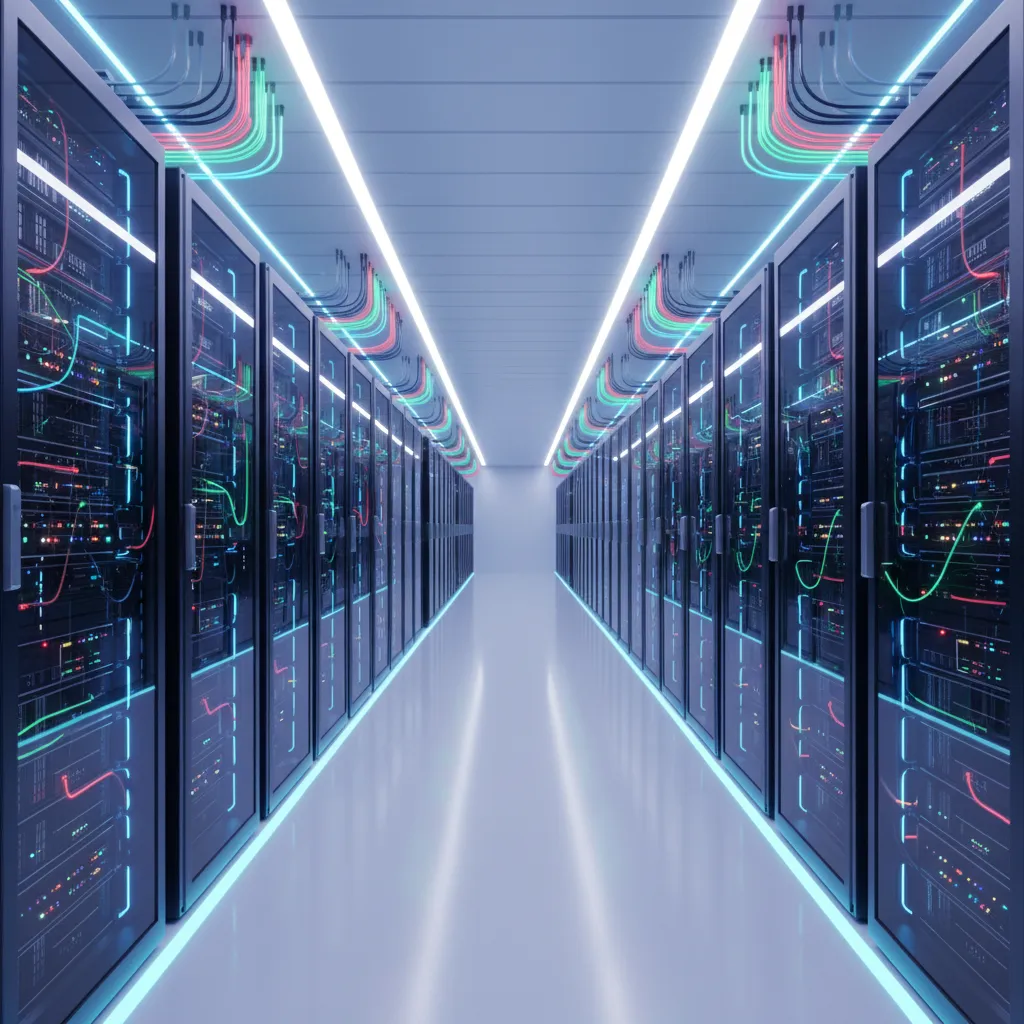 large scale cloud render farm data center with rows of servers