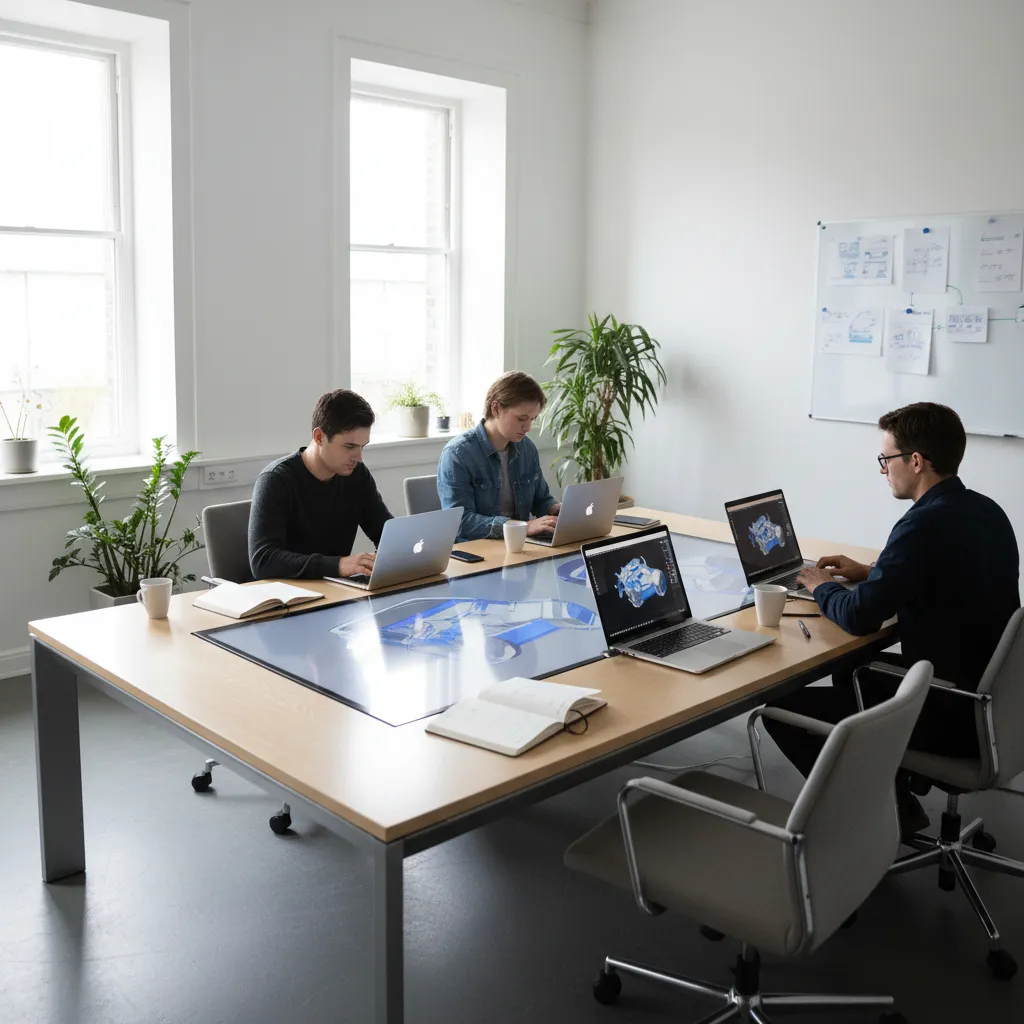 design team collaborating on cloud based CAD rendering on laptops