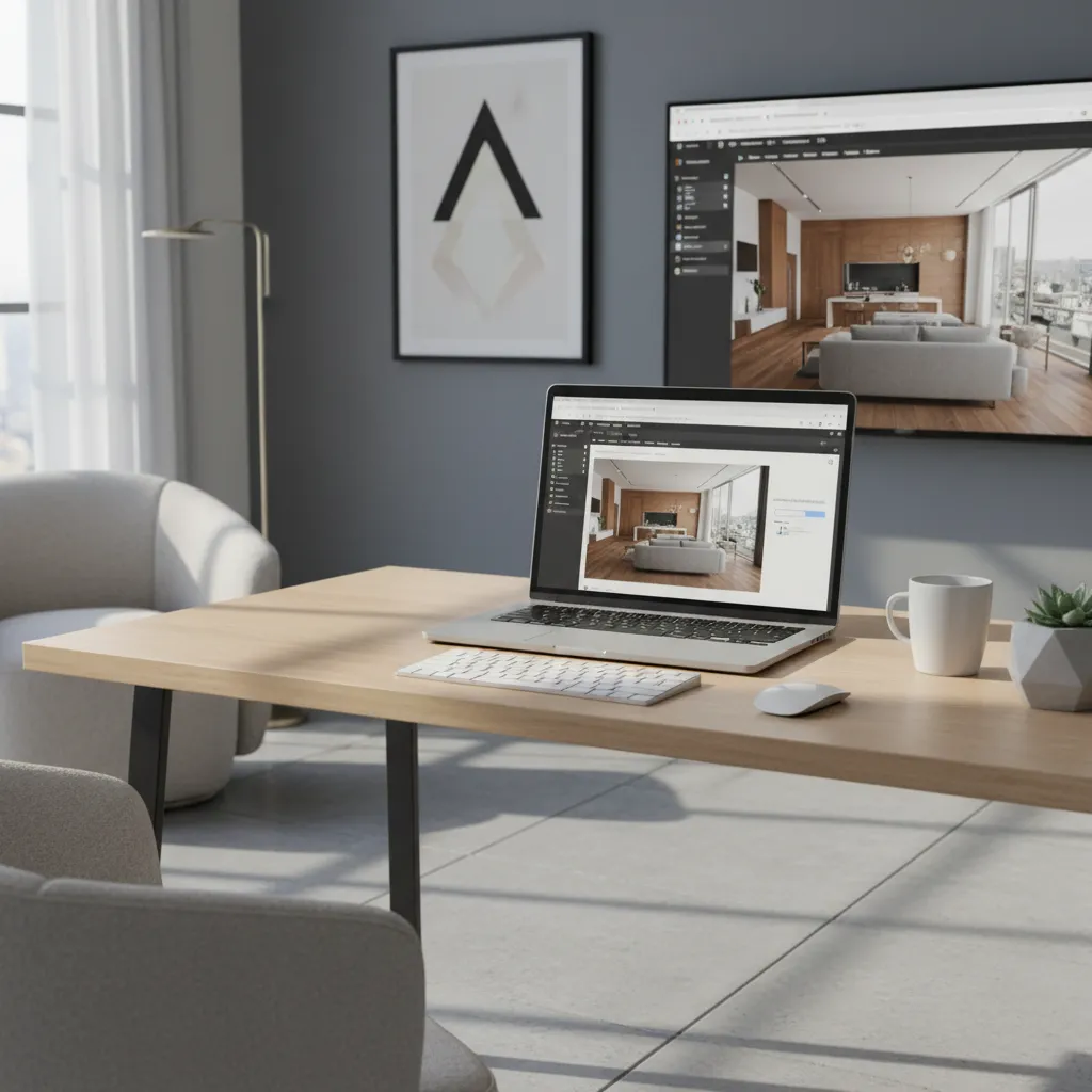 Interior designer using laptop to upload 3D scene to cloud rendering platform