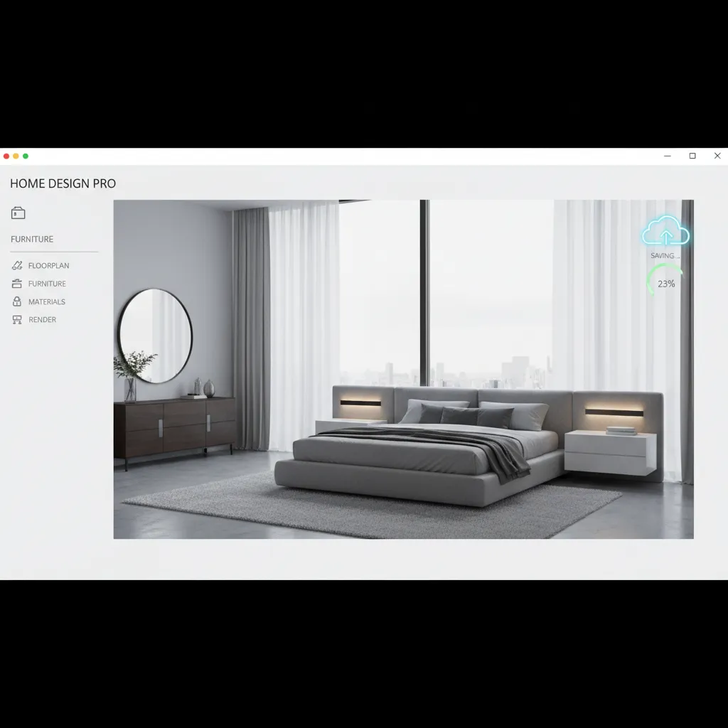 home design game showing cloud save icon and room design progress