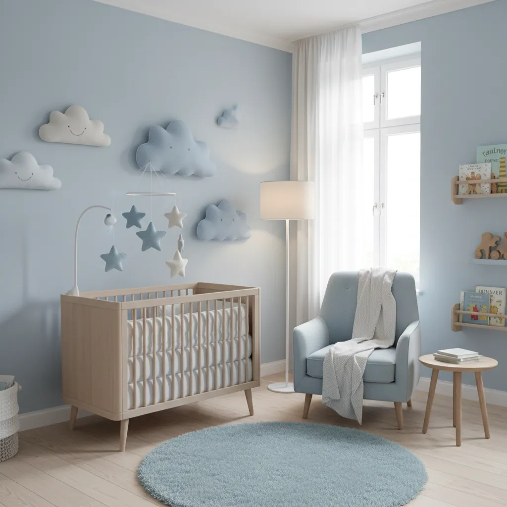 Baby boy cradle with cloud and star wall decorations above