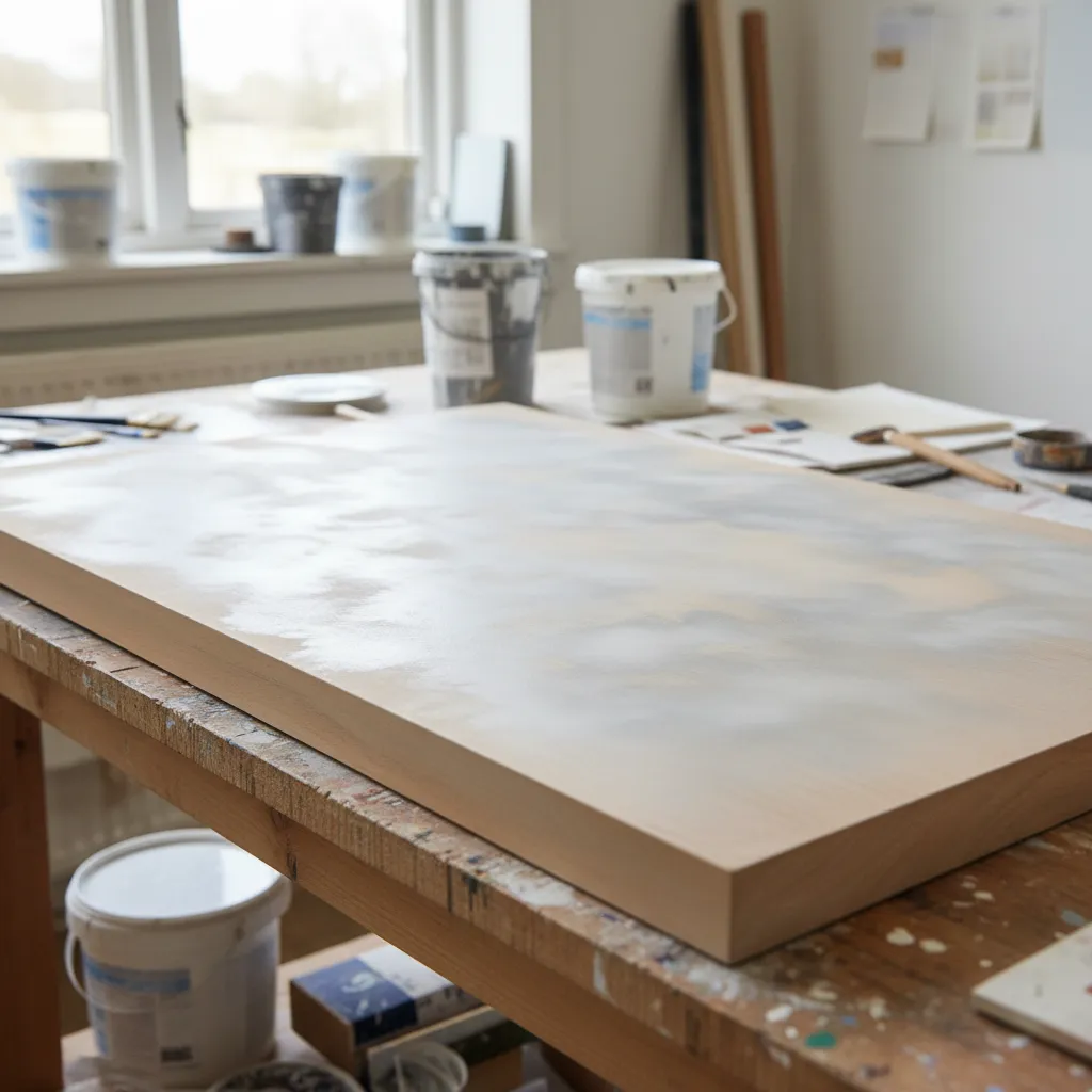 Wooden board on a workbench covered in cloudy white and grey paint for room design