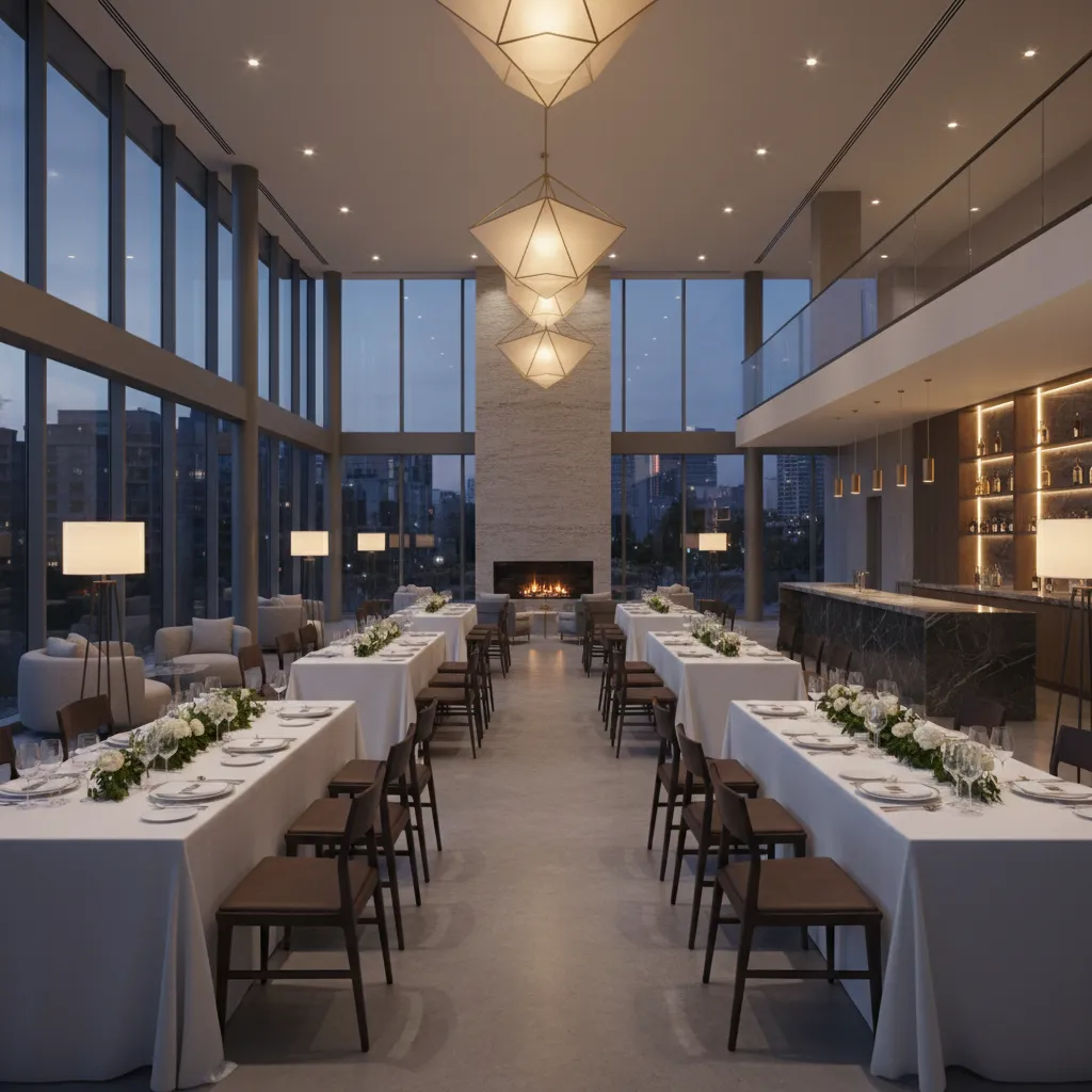 Elegant event hall with long dining tables white tablecloths flowers fireplace and modern light fixtures
